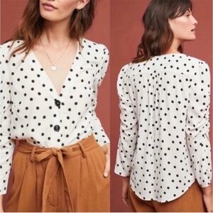 Anthropologie Cream Blouse with Black Polka Dots